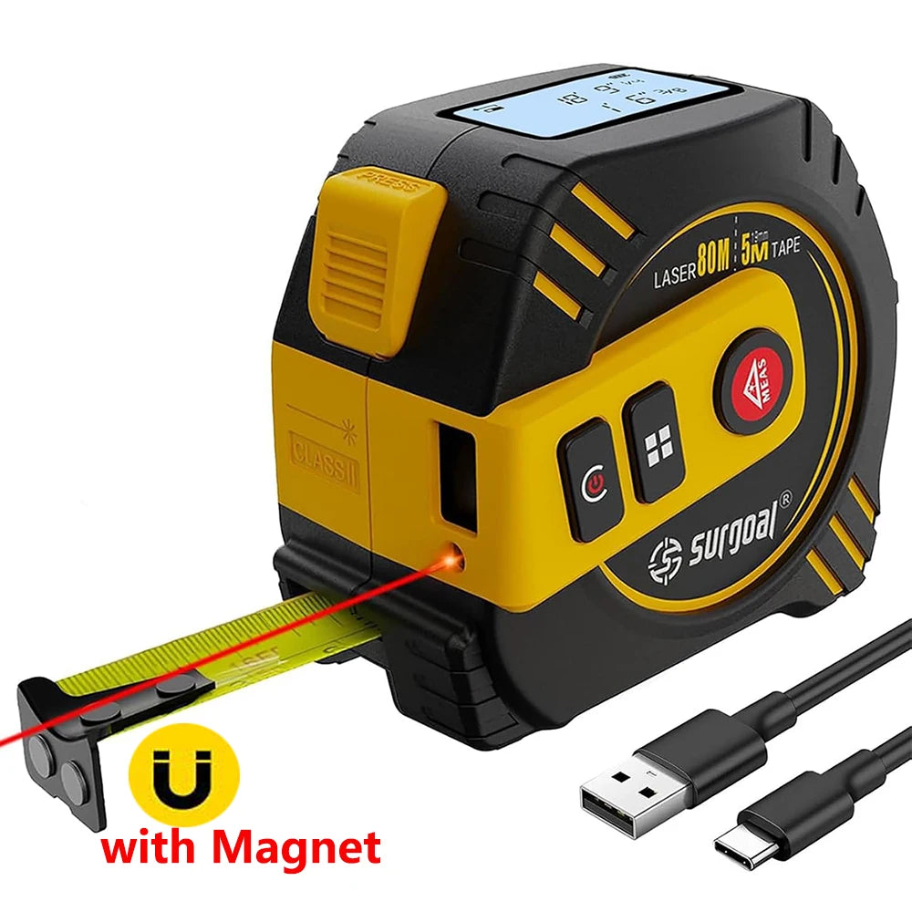 2-in-1 Digital Laser Tape Measure (80m) with Rechargeable Battery         סרט מדידה משולב לייזר דיגיטלי נטען עד 80 מטר