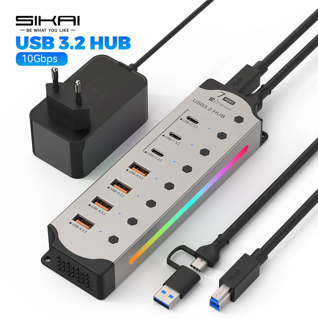 7-Port High-Speed USB Data Hub with Power Adapter    מפצל יו אס בי עם 7 יציאות ומתאם חשמל