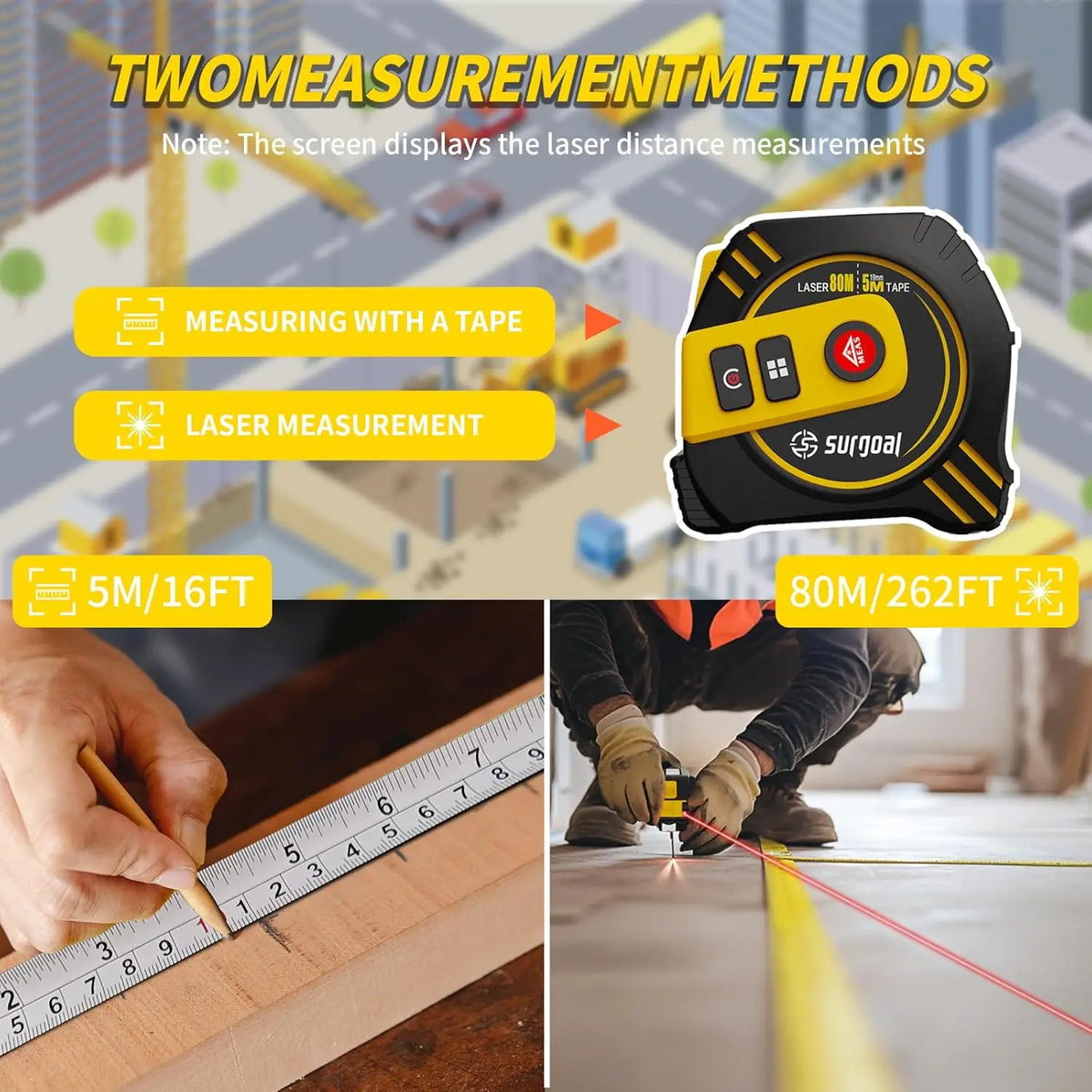 2-in-1 Digital Laser Tape Measure (80m) with Rechargeable Battery         סרט מדידה משולב לייזר דיגיטלי נטען עד 80 מטר