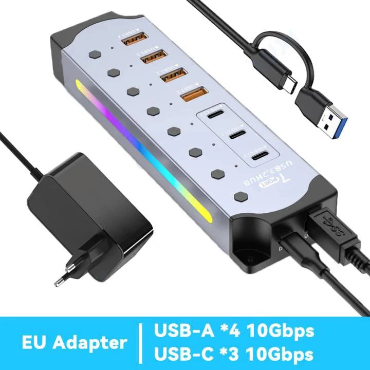 7-Port High-Speed USB Data Hub with Power Adapter    מפצל יו אס בי עם 7 יציאות ומתאם חשמל