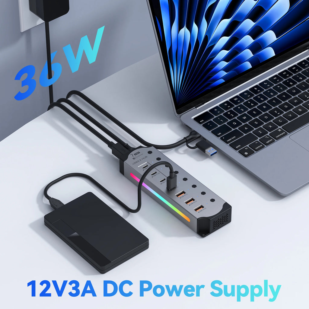 7-Port High-Speed USB Data Hub with Power Adapter    מפצל יו אס בי עם 7 יציאות ומתאם חשמל