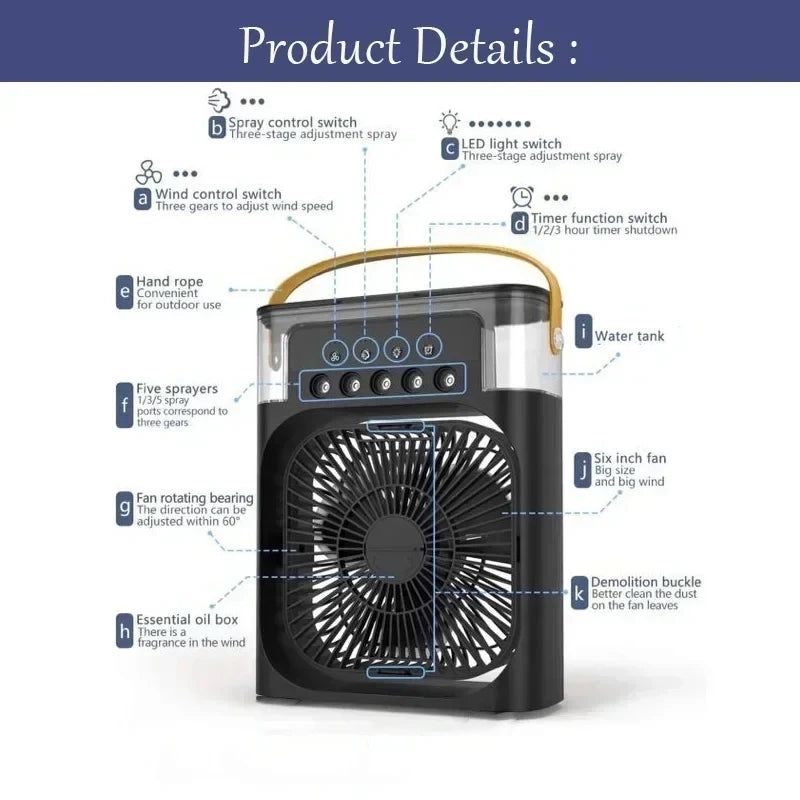 3-in-1 Portable Air Cooler Fan and Humidifier    מאוורר קירור ומכשיר אדים נייד 3 ב-1