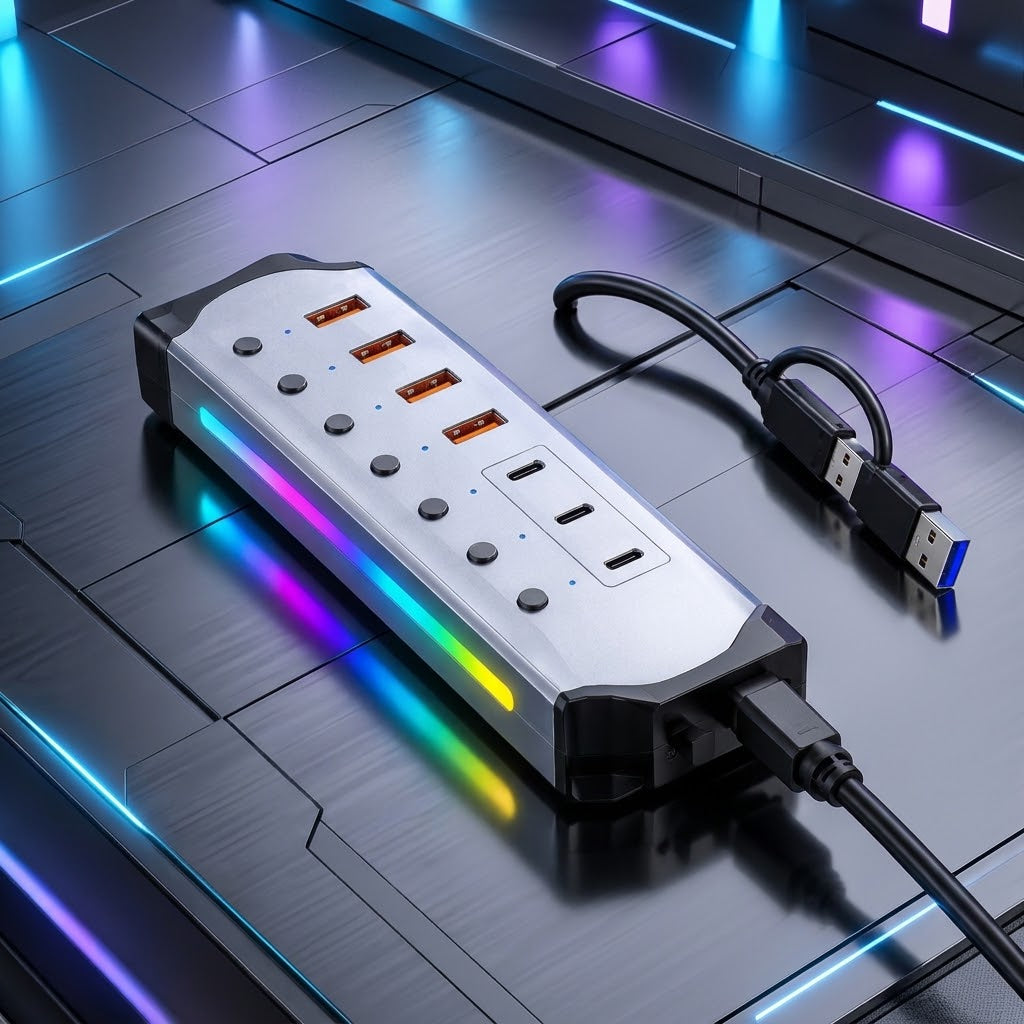 7-Port High-Speed USB Data Hub with Power Adapter    מפצל יו אס בי עם 7 יציאות ומתאם חשמל